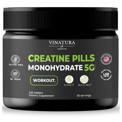 VINATURA Creatine Monohydrate Pills 5g - creatine Tablets, creatine Pills for Men, Women, creatina en capsulas *USA Made &amp; Tested* Unflavored, creatine monohydrate Powder alt, 150 Tablets 30 Servings