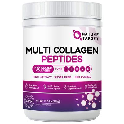 NATURE TARGET Multi Collagen Peptides Powder - Type I, II, III, V, X - Hydrolyzed Collagen Peptides with Vitamin C Hyaluronic Acid, Supports Skin Hair Nail &amp; Joint, Grass-Fed, Non-GMO, 35 Servings