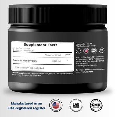 VINATURA Creatine Monohydrate Pills 5g - creatine Tablets, creatine Pills for Men, Women, creatina en capsulas *USA Made &amp; Tested* Unflavored, creatine monohydrate Powder alt, 150 Tablets 30 Servings