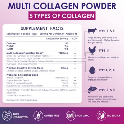 NATURE TARGET Multi Collagen Peptides Powder - Type I, II, III, V, X - Hydrolyzed Collagen Peptides with Vitamin C Hyaluronic Acid, Supports Skin Hair Nail &amp; Joint, Grass-Fed, Non-GMO, 35 Servings