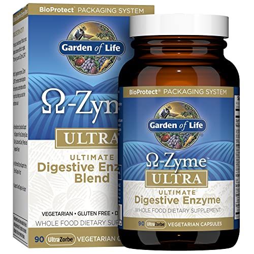 Garden of Life 21 Powerful Digestive Enzymes with Papain, Bromelain, Lipase, Ginger, Turmeric for Complete Digestion of Protein, Carbs &amp; Fats - Omega-Zyme Ultra, Gluten-Free, Vegetarian, 90 Capsules