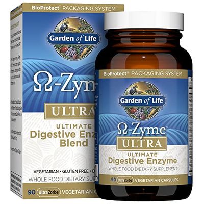 Garden of Life 21 Powerful Digestive Enzymes with Papain, Bromelain, Lipase, Ginger, Turmeric for Complete Digestion of Protein, Carbs &amp; Fats - Omega-Zyme Ultra, Gluten-Free, Vegetarian, 90 Capsules
