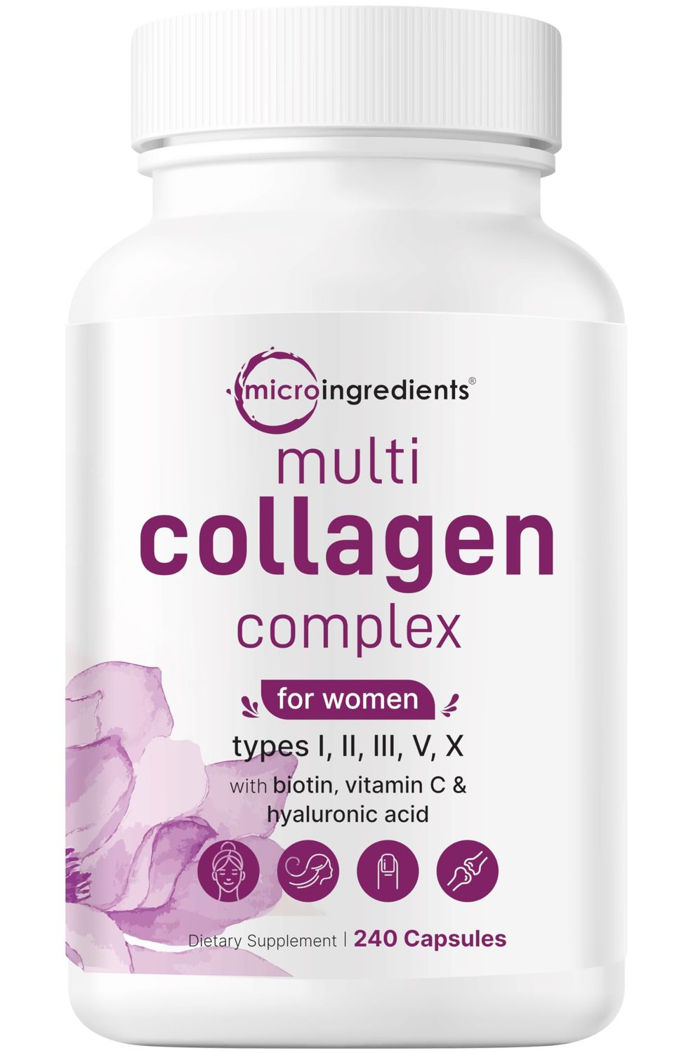 Micro Ingredients Multi Collagen Pills for Women &amp; Men, 240 Capsules | Type I, II, III, V, X - Hydrolyzed Collagen Peptides with Biotin, Hyaluronic Acid &amp; Vitamin C | Hair, Skin, Nail &amp; Joint Support
