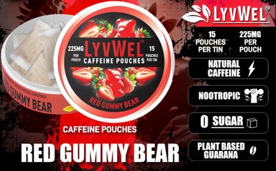 LyvWel 225mg Caffeine Energy Pouches | Nootropic Focus & Neuro Support | Tobacco-Free, Nicotine-Free, Quick Energy Solution | 15 Pouches (1 Pack, Red Gummy Bear)