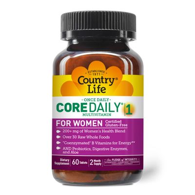 Country Life Womens Core 1 Daily Multivitamin with Iron, Cranberry, Probiotics, and Digestive Enzymes-Certified Gluten-Free Formula for Energy, Immune Support and Complete Digestive Health,60 Tablets