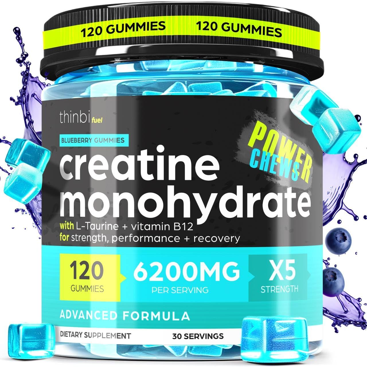 Creatine Monohydrate Gummies Complex 6200mg for Men &amp; Women - 120 Gummies Advanced Formula W/L-Taurine + Vitamin B12 for Muscle Strength, Muscle Builder, Energy Boost, Pre-Workout Supplement - Thinbi