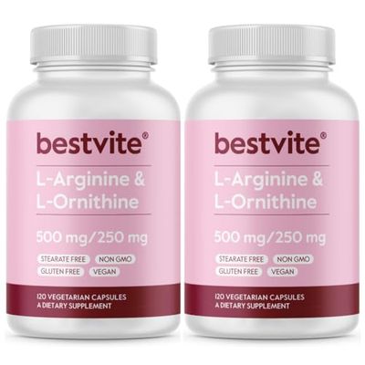 BESTVITE L-Arginine L-Ornithine 500-250 (240 Vegetarian Capsules) (120 x 2) - No Stearates - No Fillers - Vegan - Non GMO - Gluten Free - No Calcium Silicate