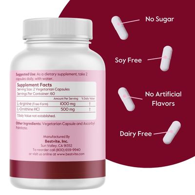 BESTVITE L-Arginine L-Ornithine 500-250 (240 Vegetarian Capsules) (120 x 2) - No Stearates - No Fillers - Vegan - Non GMO - Gluten Free - No Calcium Silicate