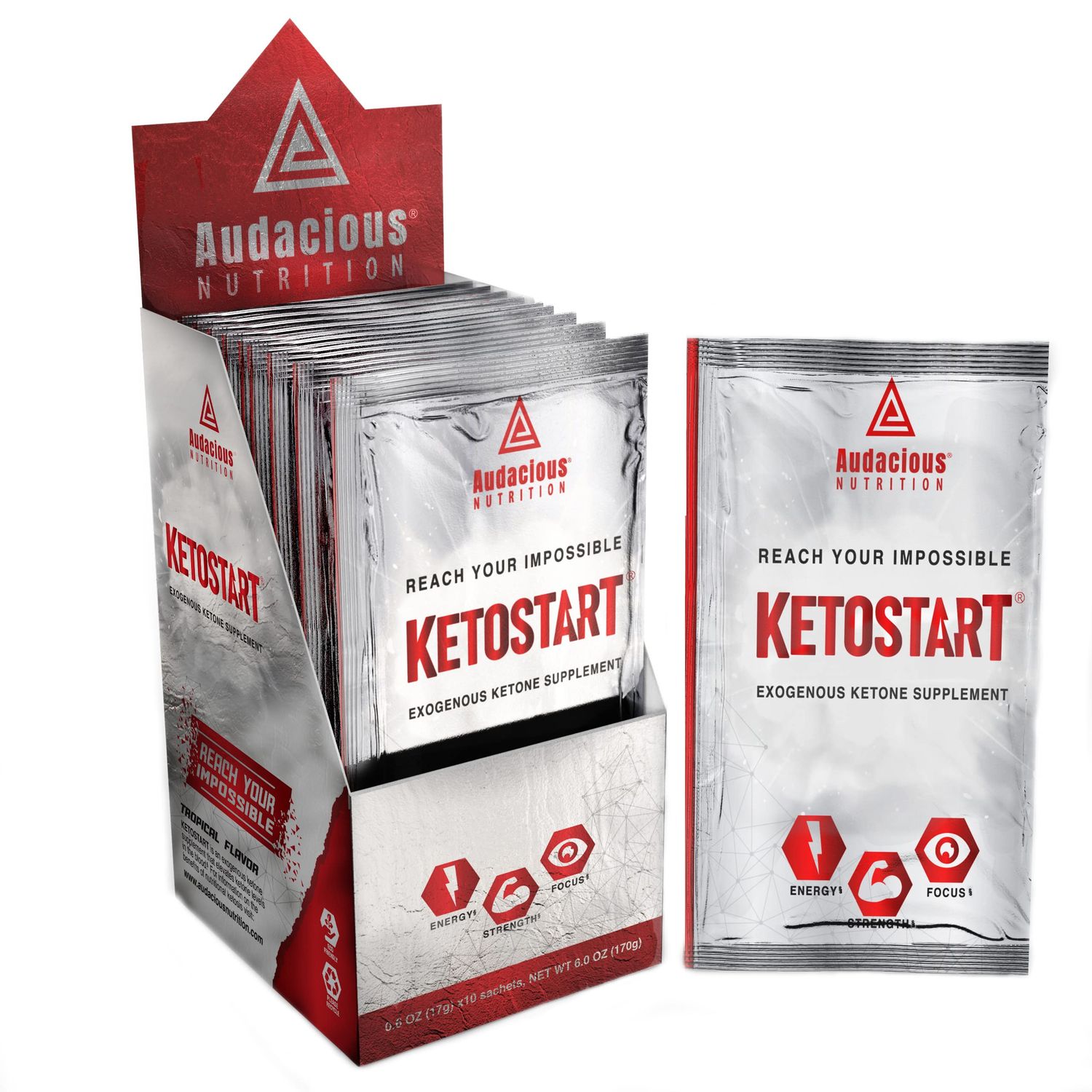 Audacious Nutrition KetoStart | Exogenous Ketones Powder with Electrolytes | Caffeine Free | Tropical Flavor Electrolyte Powder for Energy, Strength &amp; Focus (10x Ketones Drink Mix Packets)