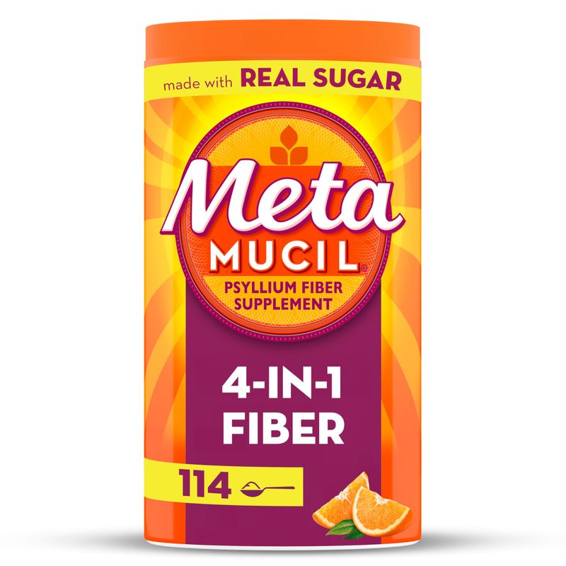 Metamucil 4-in-1 Fiber Supplement for Digestive Health, Psyllium Husk Fiber Powder, Fiber Supplement with Real Sugar, Orange Flavored, 114 tablespoons