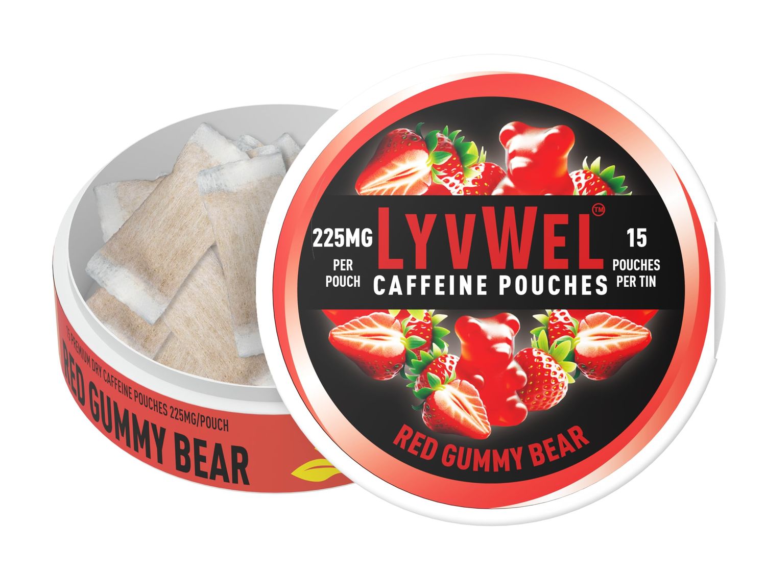 LyvWel 225mg Caffeine Energy Pouches | Nootropic Focus &amp; Neuro Support | Tobacco-Free, Nicotine-Free, Quick Energy Solution | 15 Pouches (1 Pack, Red Gummy Bear)