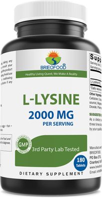 Brieofood L-Lysine 2000mg per Serving - 180 Vegetarian Tablets - Lysine for Cats &amp; Immune Health