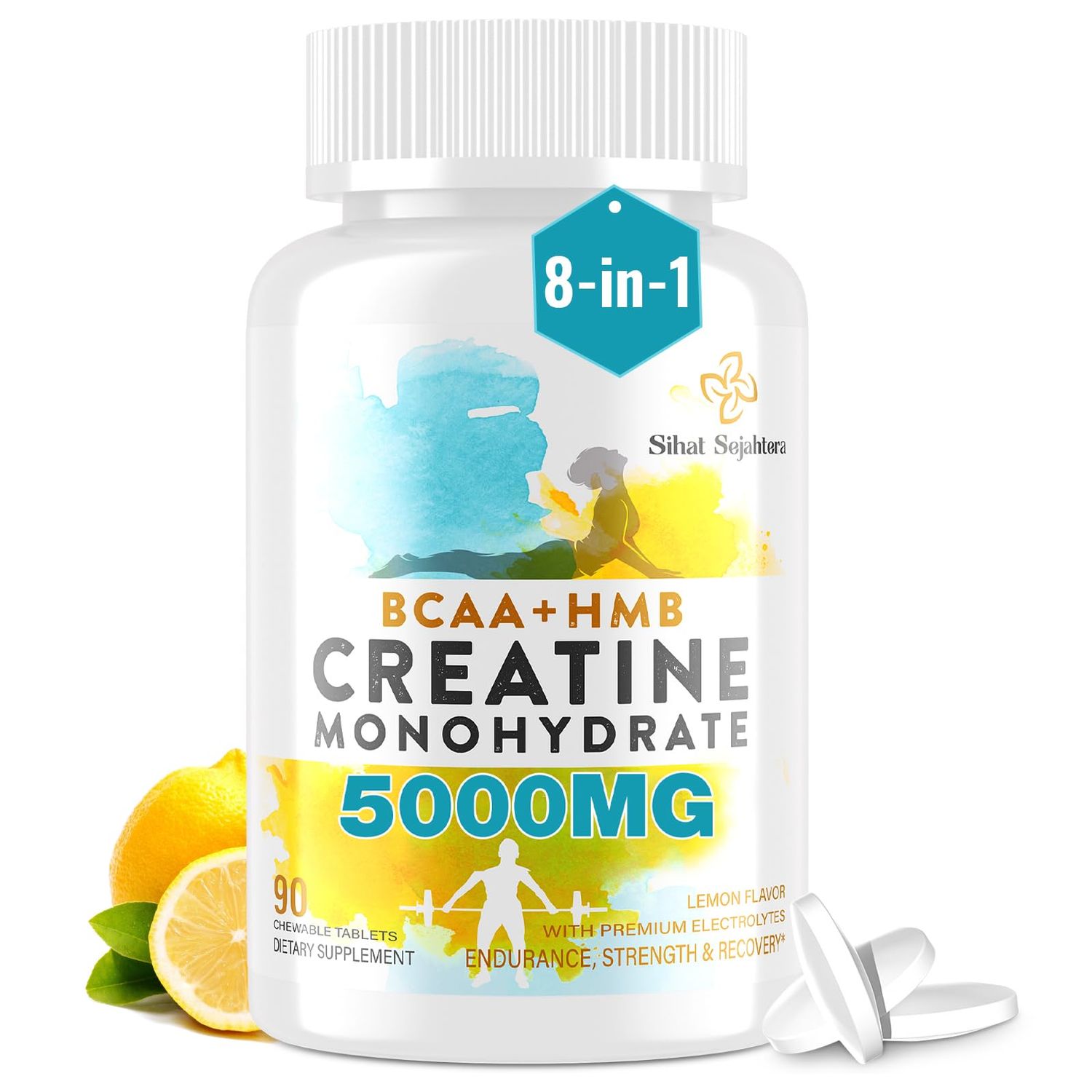 8-in-1 Creatine Monohydrate with BCAA &amp; HMB, 5000 mg for Men &amp; Women, Creatine Chews for Muscle, Recovery, Endurance &amp; Strength, High Absorption, Lemon Flavor, Sugar-Free, 90 Tablets