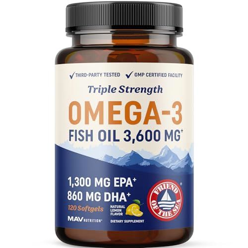 Triple Strength Omega 3 Fish Oil 3600 mg | EPA &amp; DHA | Over 2100mg Omega-3 Fatty Acids | 1300mg EPA + 860mg DHA | Best Essential Fatty Acids | Premium Burpless Fish Oil Omega 3 Supplements (120 Ct)