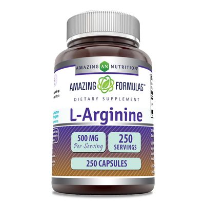 Amazing Formulas L-Arginine Supplement | 500 Mg Per Serving | 250 Capsules | Amino Acid Supplement for Men &amp; Women | Non-GMO | Gluten Free | Made in USA