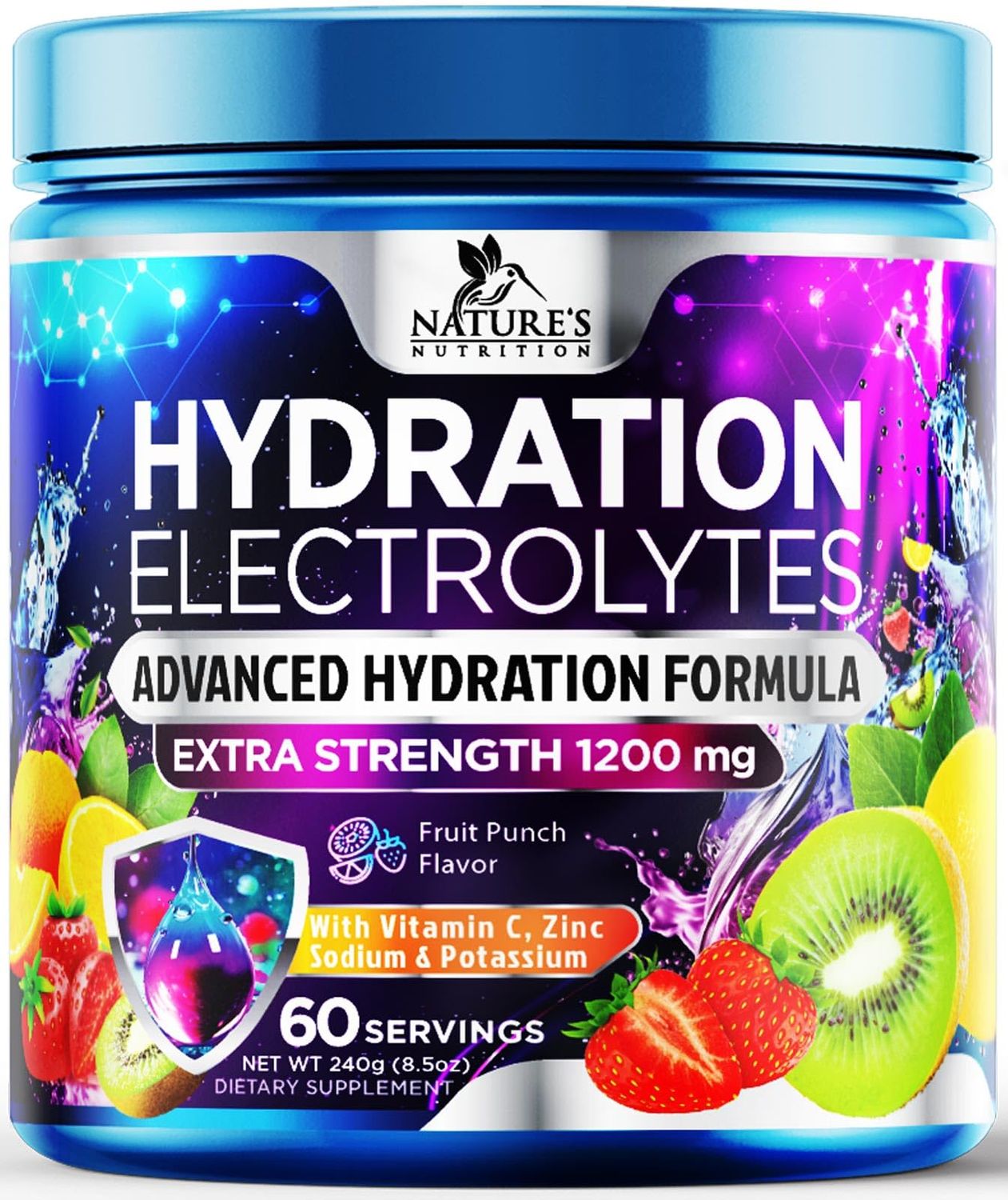 Daily Electrolyte Drink Mix - Best Multivitamin Hydration Supplement, 6 Electrolytes &amp; Minerals, Post Workout &amp; Recovery Electrolyte Powder, Refreshing Fruit Punch Flavor, Vegan Non-GMO - 60 Servings