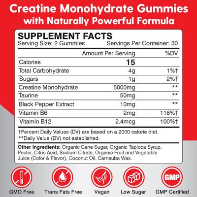 Creatine Monohydrate Gummies for Men & Women - 5000mg Creatine Pre-Workout Gummies with Taurine & Vitamin B6 B12 for Maximum Strength, Muscle, Energy, Endurance & Focus, Organic, Vegan-60 Count