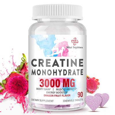 3000 MG Creatine Monohydrate for Women &amp; Men, Creatine Pills with BCAA &amp; Hydrolyzed Collagen Creatine Chews Tablets for Performance &amp; Recovery, Strength, Dragon Fruit Flavor, 90 Tablets