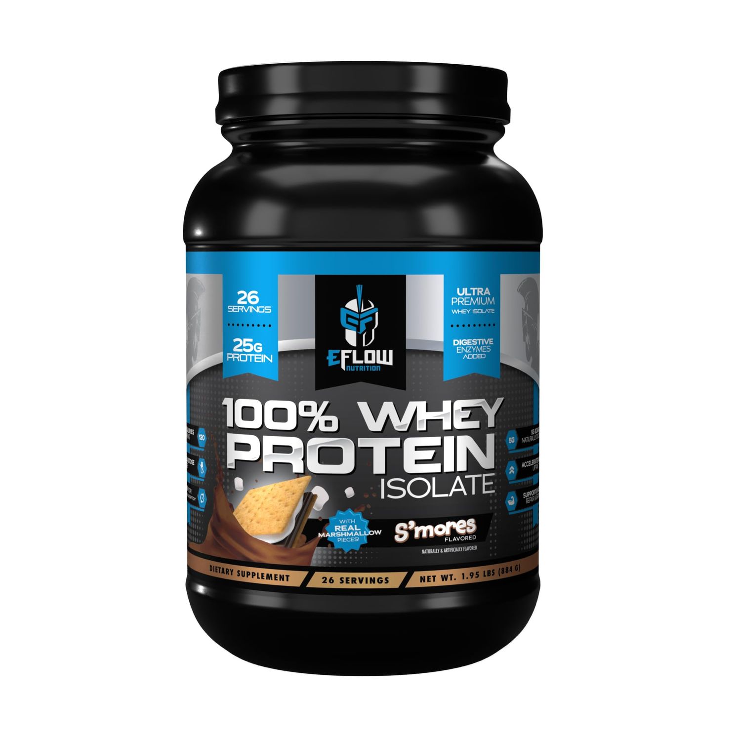 eFlow Nutrition 100% Whey Protein Isolate - Gluten &amp; Lactose-Free Digestive Enzymes Added, Low Carb, Post Workout Shake, Fast Digesting for Optimal Muscle Recovery - S&#39;Mores (26 Servings)
