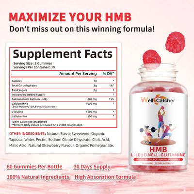 HMB and Leucine Gummies Supplements: HMB and Leucine Amino Acid for Men Women with L-Glutamine for Muscle Growth Fast Workout Recovery, Sugar Free Vegan Non-GMO Strawberry Flavored 30 Day Supply
