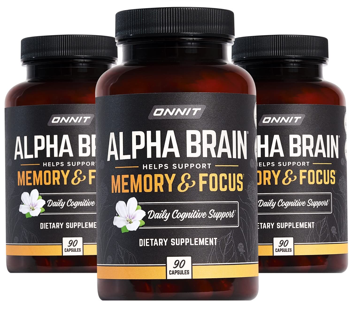ONNIT Alpha Brain Premium Nootropic Brain Supplement for Men &amp; Women - Caffeine-Free Focus Capsules for Concentration, Brain Booster &amp; Memory Support 90 Count (Pack of 3)