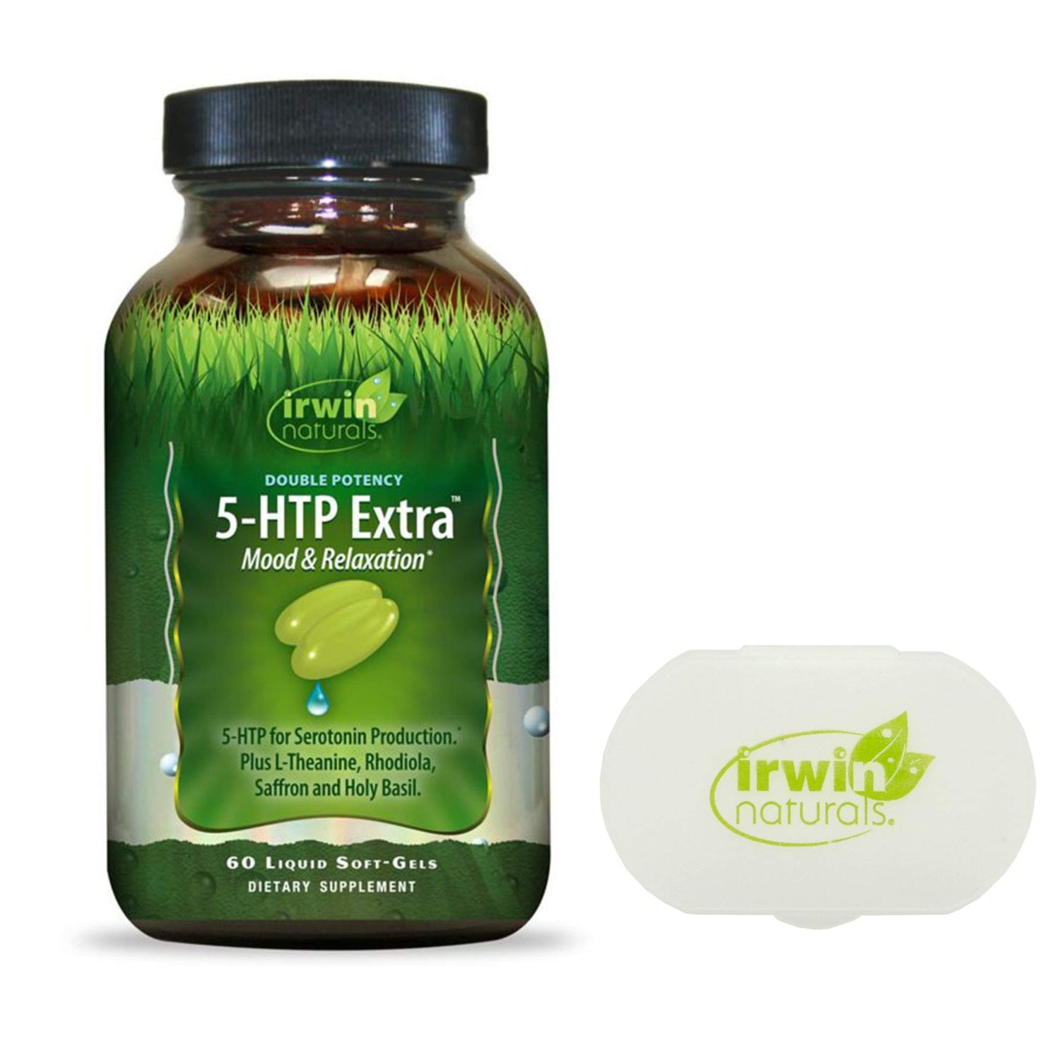 Irwin Naturals Double Potency 5-HTP Extra - 60 Liquid Soft-Gels with Pill Case - 5-HTP Support Supplement - for Relaxation Aids with Calm, Restful Sleep and Stress Relief