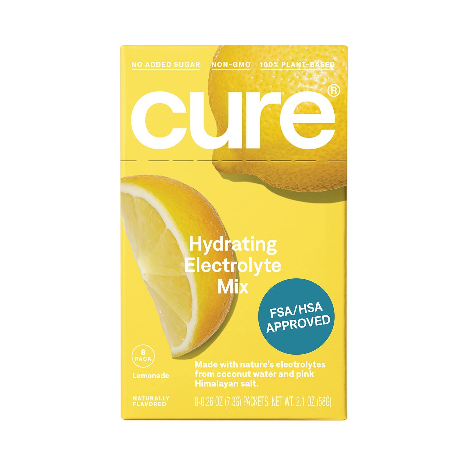 Cure Hydration | Plant-Based Electrolyte Drink Mix | No Added Sugar | FSA &amp; HSA | Dehydration Relief Powder Made with Coconut Water | Non-GMO | Vegan | Box of 8 Packets - Lemonade