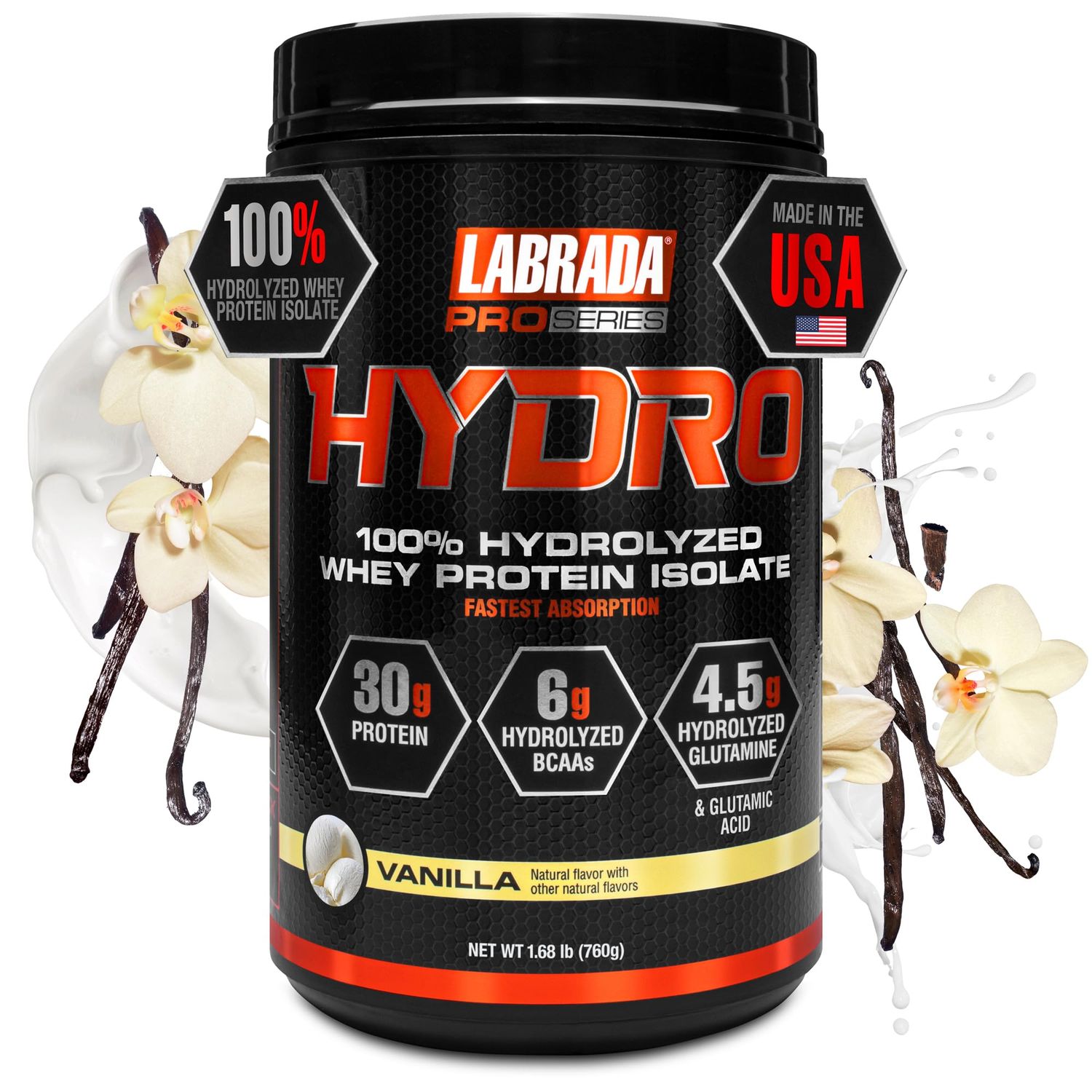 Labrada Hydro 100% Pure Hydrolyzed Whey Protein Isolate Powder, Lactose Free, 6g BCAAs, 4.5g Glutamine, Fastest Digesting Whey Available, Instant Mixing, Delicious Taste 20 Servings (Vanilla)