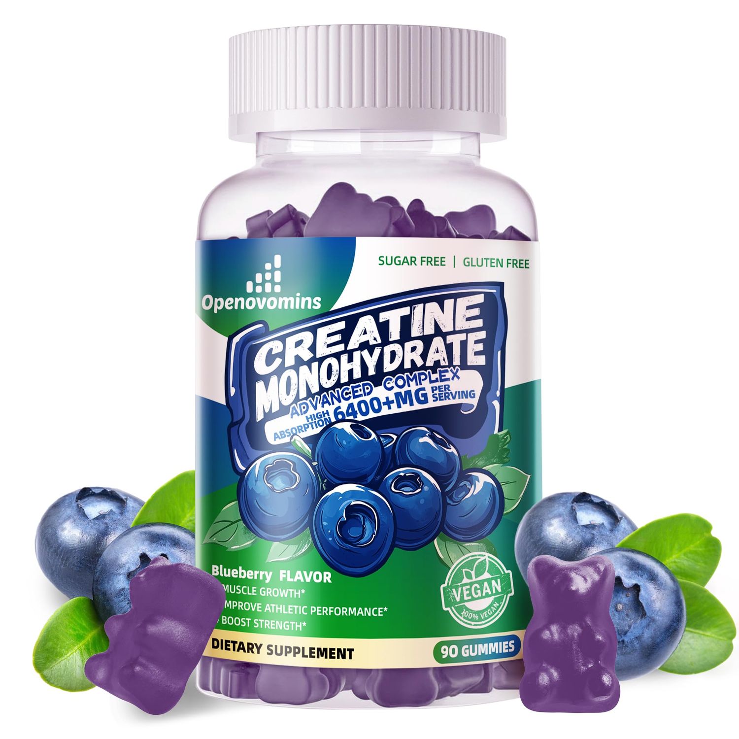 Creatine Monohydrate Gummies Complex 6400mg for Men &amp; Women -Advanced Formula W/L-Taurine + Vitamin B12, Sugar Free Chewable Supplement,90 Blueberry Gummies