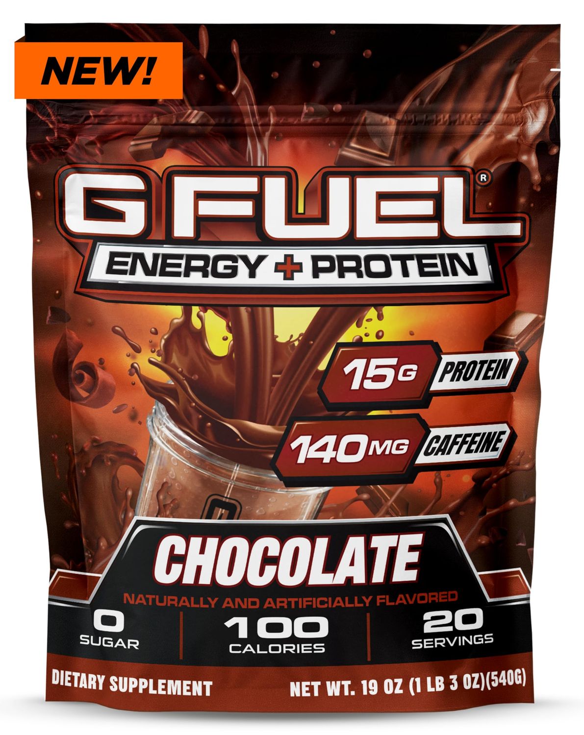 G Fuel Protein + Energy Drink Powder, Pre Workout Caffeine Powder, Energy Powder Drink Mix for Gaming, Sugar Free Focus Amino, Vitamin + Antioxidants, 19oz (Chocolate, 20 Servings)