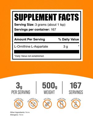 BulkSupplements.com L-Ornithine L-Aspartate Powder - Ornithine Supplement, Ornithine Powder - Amino Acid Supplement, Gluten Free, 3g per Serving, 500g (1.1 lbs) (Pack of 1)