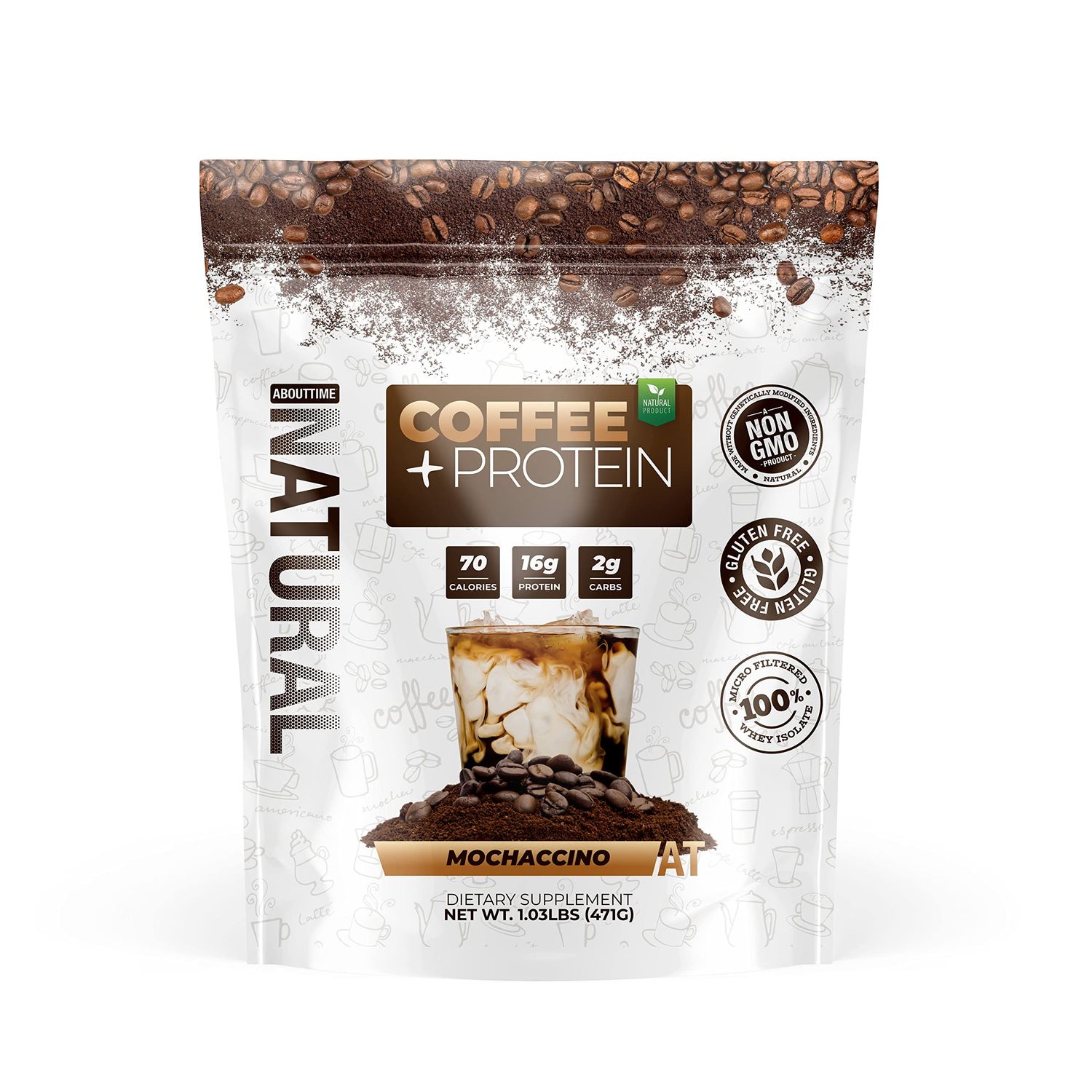 About Time Coffee + Whey Protein (Non-GMO, All Natural, Lactose/Gluten Free, 16g of Protein Per Serving) - 1.03lb Jar, Coffee Mochaccino