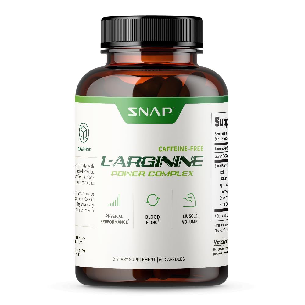 Snap L Arginine Capsules - Blood Circulation Supplements with Nitrosigine &amp; L Citrulline for Natural Energy, Increase Blood Flow &amp; Muscle Growth, Herbs for Cardio Health (60 Capsules)