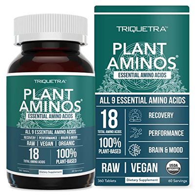 Plant Aminos Organic Essential Amino Acids (EAAs) &amp; BCAA - 100% Plant-Based Raw, Vegan - All 9 Amino Acids with 18 Total Amino Acids (360 Tablets)
