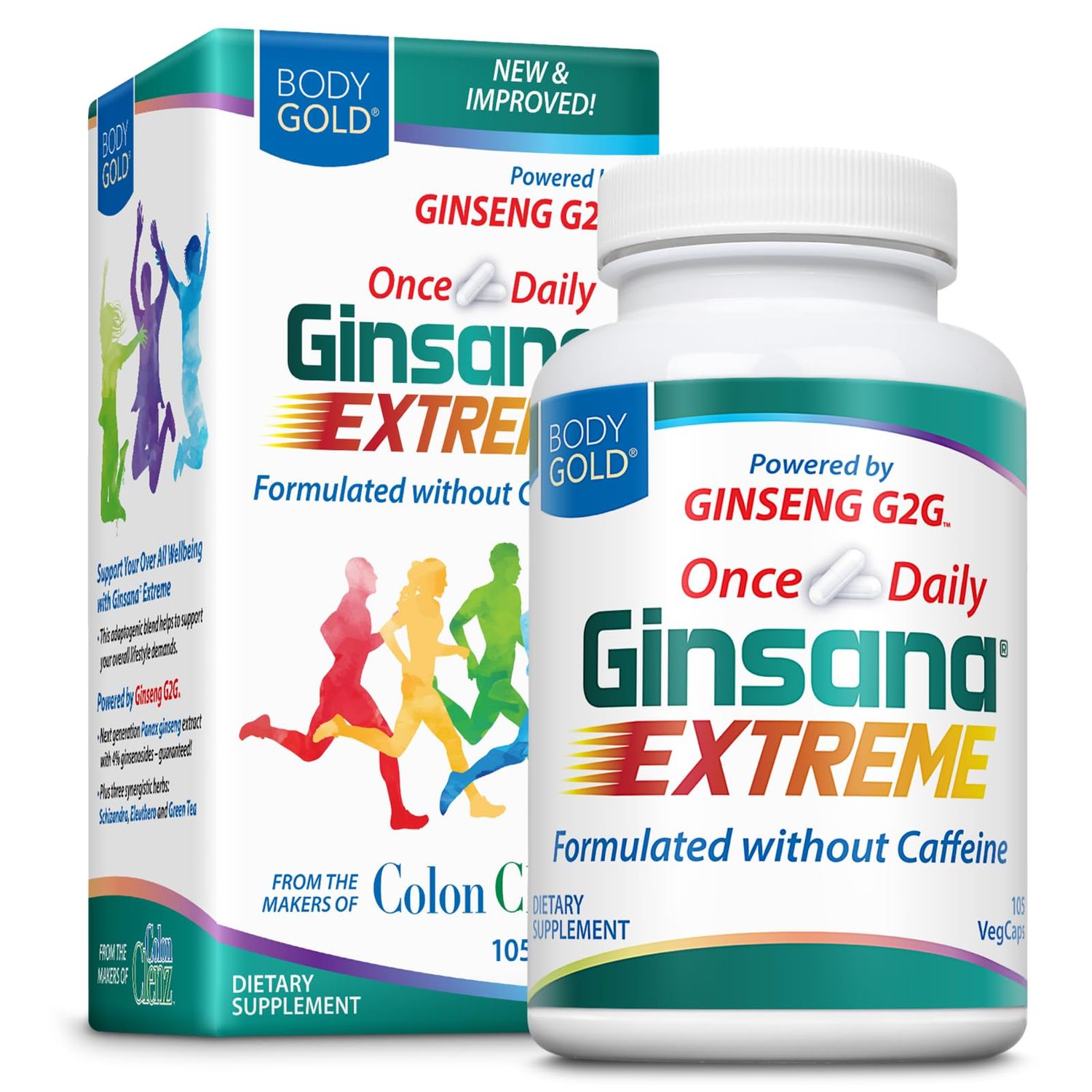 BodyGold Ginsana Energy | Panax Ginseng Extract w/Energizing Herbal Blend for Focus &amp; Endurance | Schizandra Berry, Eleuthero Root, and Decaffeinated Green Tea Leaf Extract | 52 Serv | 105 VegCaps