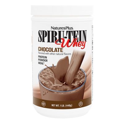 Natures Plus SPIRU-TEIN WHEY Shake, Chocolate - 1 lb - Whey Protein Powder - with Spirulina, Vitamins &amp; Minerals - Gluten Free - 14 Servings
