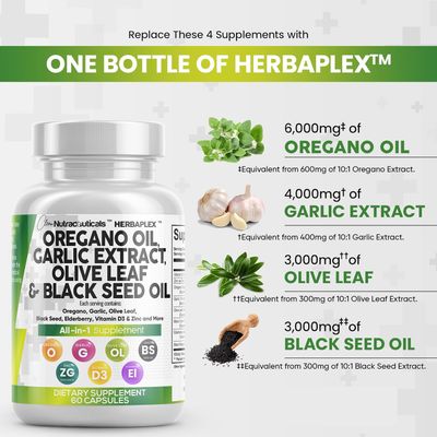 Clean Nutraceuticals Oregano Oil Garlic Extract Olive Leaf Black Seed Oil - Immune Support &amp; Digestive Health Supplement for Women and Men with Vitamin D3 &amp; Zinc - 60 Caps