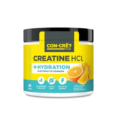 CON-CRET Creatine HCl + Hydration | Electrolyte Powder Tub | Citrus Mango | Sugar Free Electrolytes | Rehydration Formula w Potassium, Sodium, Zinc, Magnesium to Hydrate &amp; Recover (40 serv)