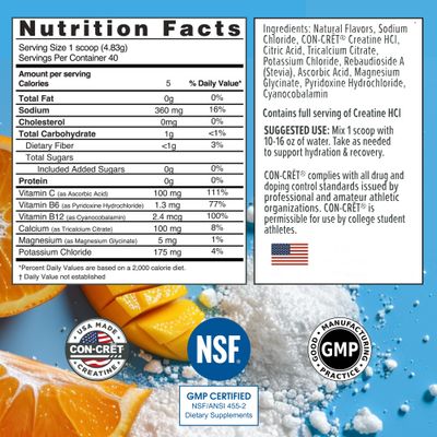 CON-CRET Creatine HCl + Hydration | Electrolyte Powder Tub | Citrus Mango | Sugar Free Electrolytes | Rehydration Formula w Potassium, Sodium, Zinc, Magnesium to Hydrate &amp; Recover (40 serv)
