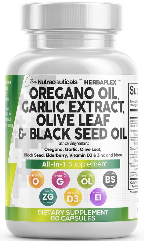 Clean Nutraceuticals Oregano Oil Garlic Extract Olive Leaf Black Seed Oil - Immune Support &amp; Digestive Health Supplement for Women and Men with Vitamin D3 &amp; Zinc - 60 Caps