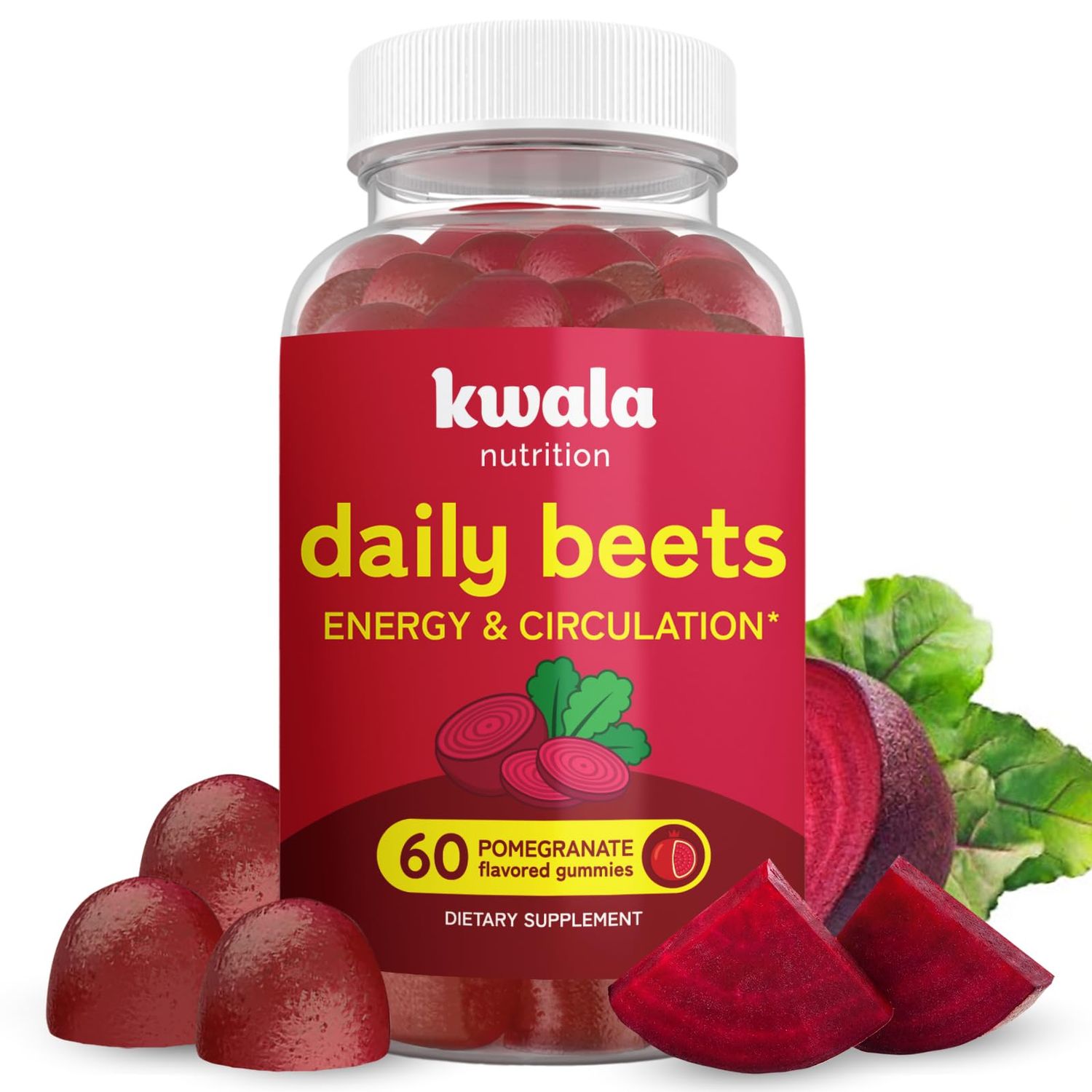 Kwala Nutrition Beet Gummies for Energy, Nitric Oxide &amp; Heart Health - Super Nitric Oxide Gummies for Circulation - Natural Pomegranate Flavor - 60 Beet Chews, Beets Chewables Supplement