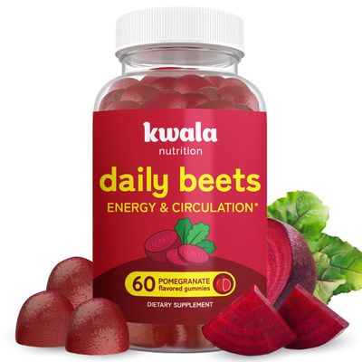 Kwala Nutrition Beet Gummies for Energy, Nitric Oxide &amp; Heart Health - Super Nitric Oxide Gummies for Circulation - Natural Pomegranate Flavor - 60 Beet Chews, Beets Chewables Supplement