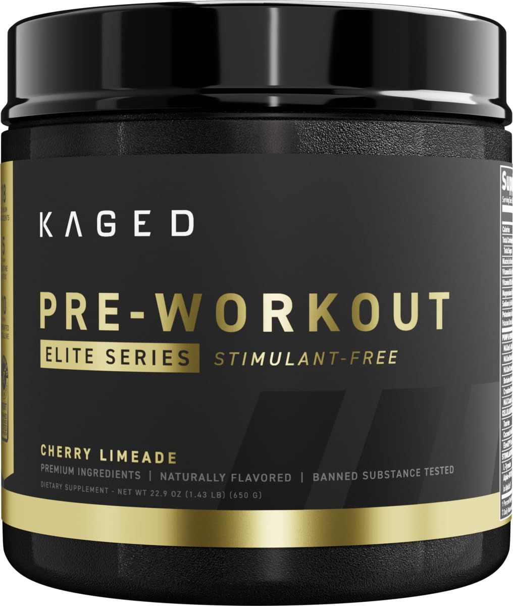 Kaged Pre Workout Powder Pre-Workout Elite Stim-Free for Men &amp; Women | Power, Stamina, Focus, Pumps | L-Citrulline, Beta Alanine, Creatine | Caffeine-Free | Cherry Limeade | 20 Servings