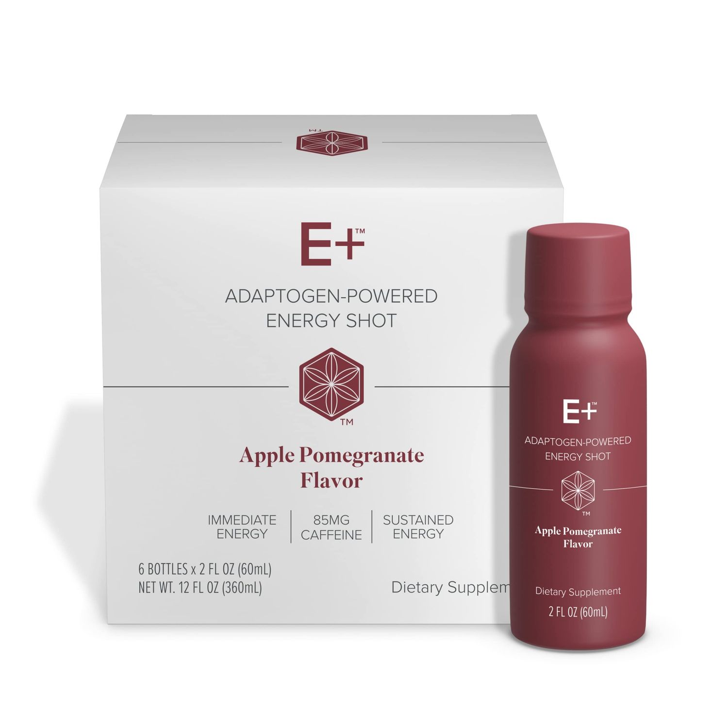 Isagenix E+ - Liquid Energy Shot with Plant-Based Caffeine &amp; Adaptogenic Botanical Blend - Support Endurance with Flavored Energy Shot - Apple Pomegranate - 2 Oz Bottles (6 Pack)