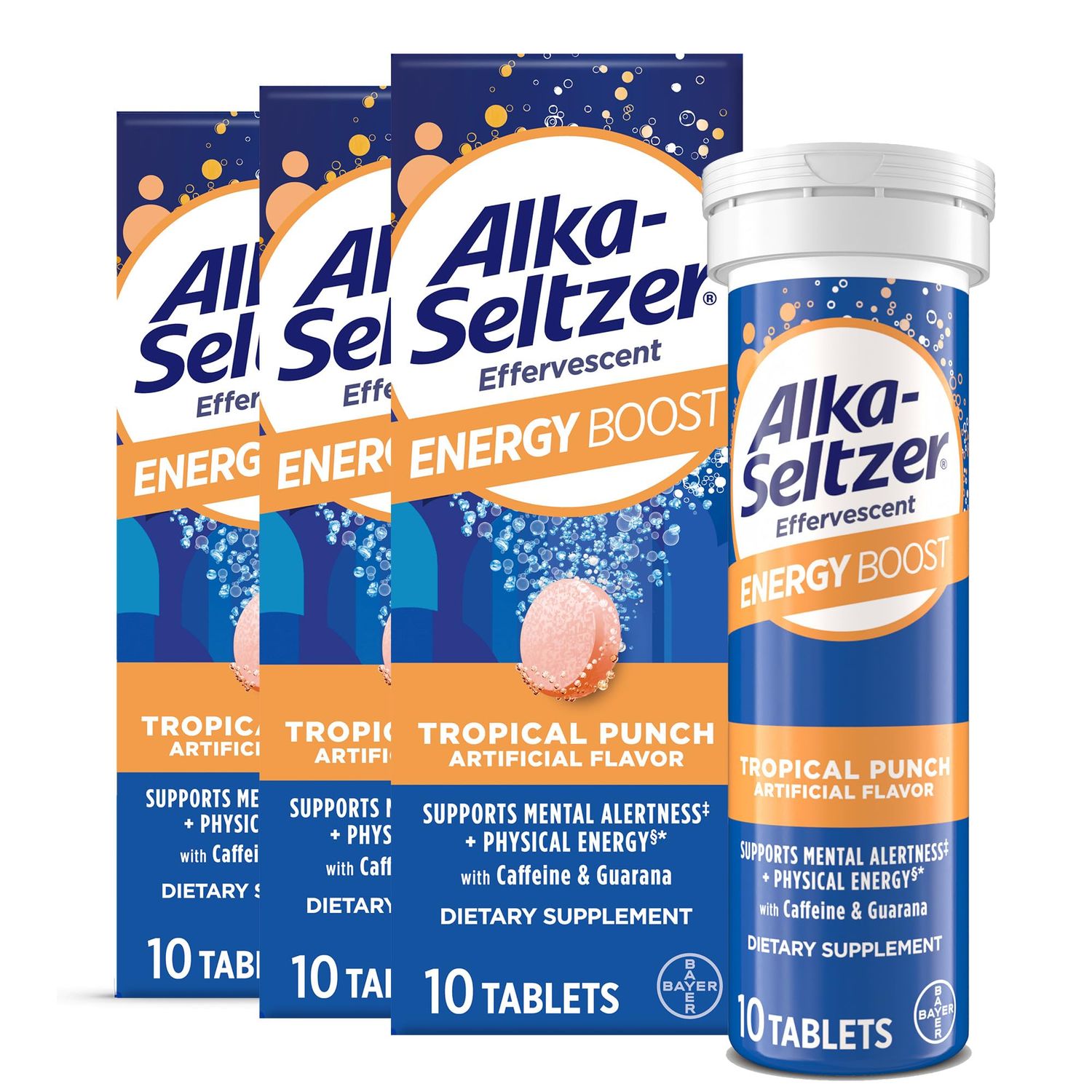 Alka-Seltzer Energy Boost: Caffeine &amp; Guarana, B Vitamins, Supports Mental Alertness and Physical Energy, Daily Energy Supplement, Fizzy Tablets, Sugar-Free, Light Tropical Punch Flavor, 30ct