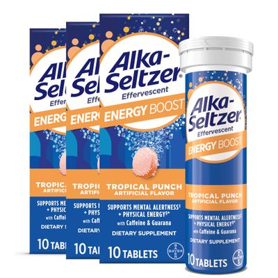 Alka-Seltzer Energy Boost: Caffeine &amp; Guarana, B Vitamins, Supports Mental Alertness and Physical Energy, Daily Energy Supplement, Fizzy Tablets, Sugar-Free, Light Tropical Punch Flavor, 30ct