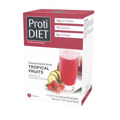 ProtiDIET Tropical Fruits flavored Concentrated High Protein Drink, Fat Free, Low Sugar, Low Sodium Nutritional Drinks to Support an Active Lifestyle - 7 Powder Pouches Per Box