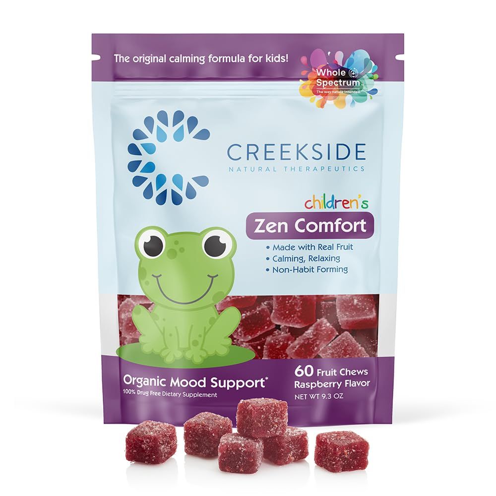 Creekside Natural Therapeutics Zen Comfort for Kids, Organic Mood Support with 5-HTP, L-Theanine, Passionflower, Pediatrician Formulated, Vegan Gummies, Raspberry Flavor, 60 Real Fruit Chews
