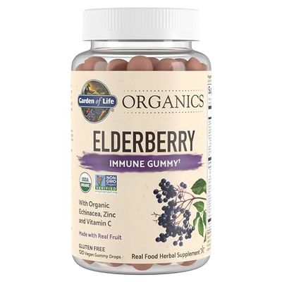 Garden of Life Organics Elderberry Gummies for Adults &amp; Kids - Immune Support Supplement with Organic Fruit, Herbal Blend, Elderberry, Echinacea, Zinc, Vitamin C, 120 Vegan Gluten Free Gummies