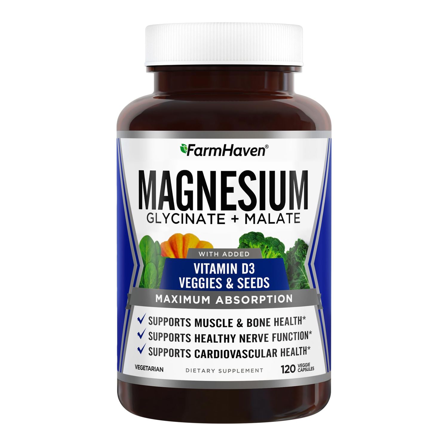 FarmHaven Magnesium Glycinate &amp; Malate Complex w/Vitamin D3, 100% Chelated for Max Absorption, Vegetarian - Bone Health, Nerves, Muscles, 120 Capsules, 60 Days